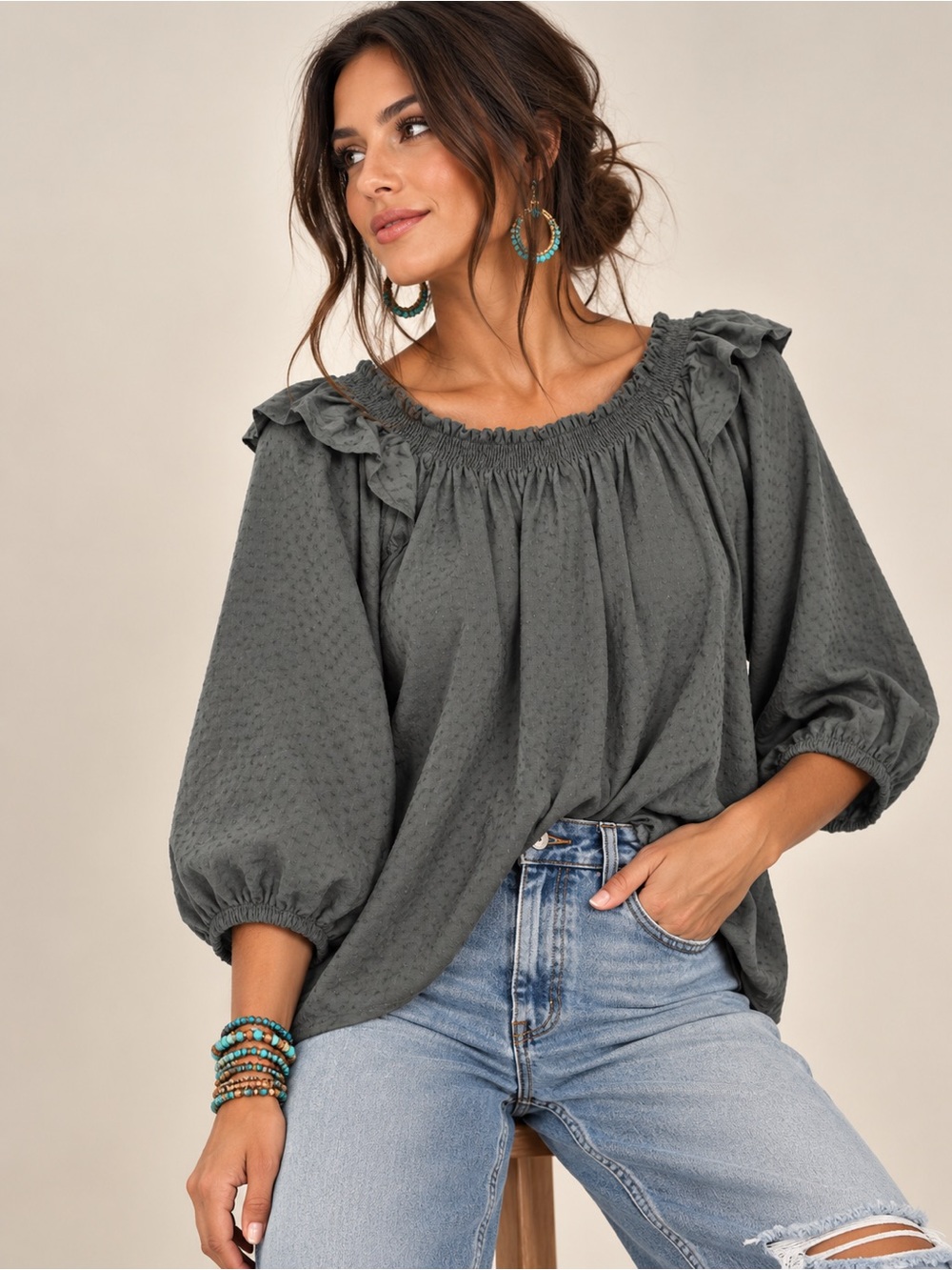 Sonoma Smoky Charcoal Smocked Ruffle Peasant Top